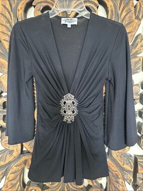 Jagger Black V-Neck Tunic with Decorative Plaque & Runched  Waist - Size S